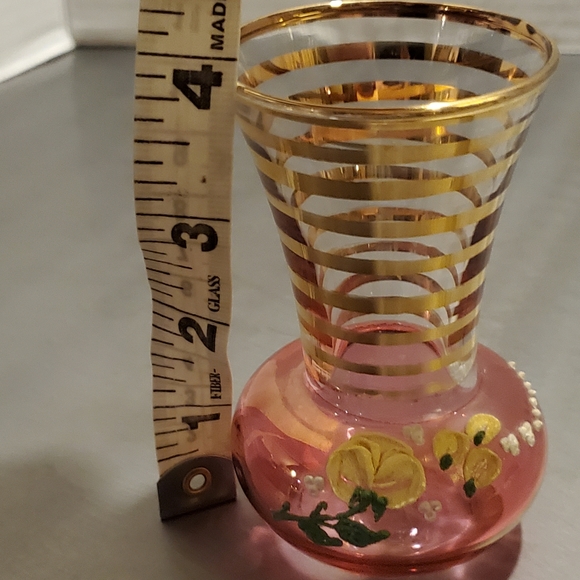 Vintage Glass Cranberry and Gold Mini Bud Vase with Applied Floral Pattern MCM - Picture 11 of 11